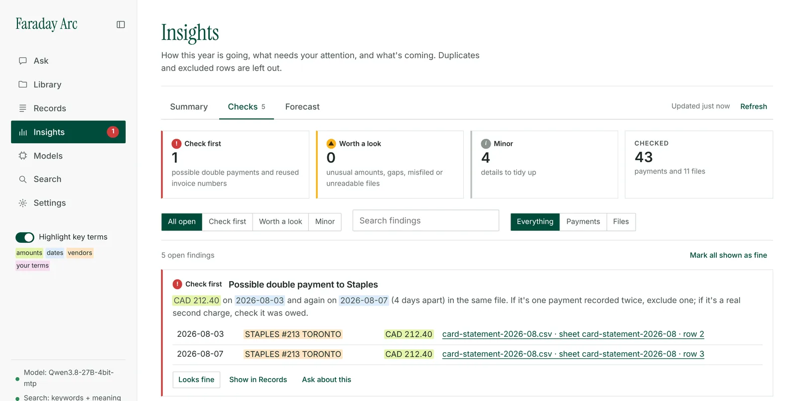 Arc Checks tab showing a possible double payment, with the two payments and the statement they came from