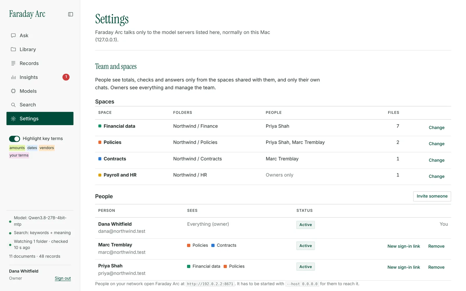 Arc Team and spaces settings: four spaces with their folders and the people invited to each